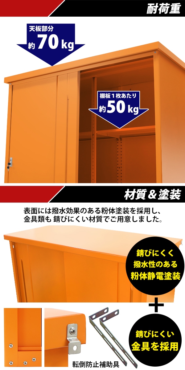 送料無料 屋外物置 スチール製 家庭用収納庫 鍵付き オレンジ 幅約1540mm×奥行約810mm×高さ約1550mm 倉庫 納屋 物置き