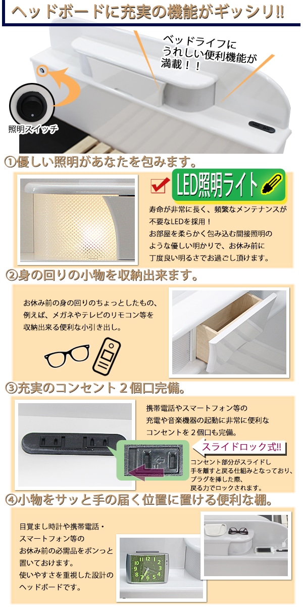 引き出し付きシステムベッド,ポケットコイルマットレス付き,ダブル,白