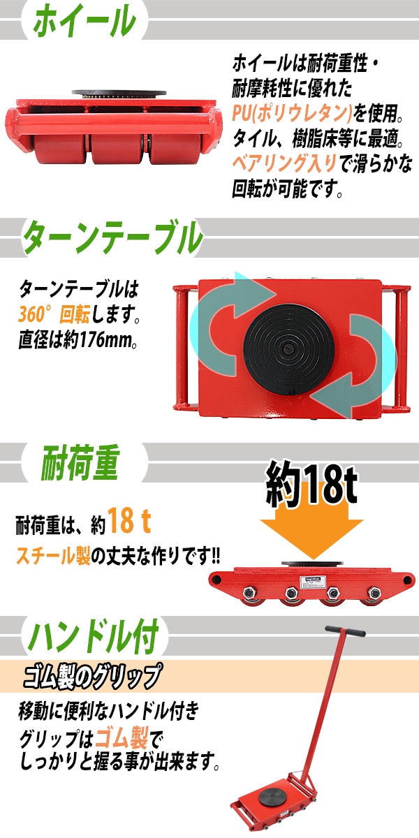 マシンローラー,耐荷重約18t,ポリウレタン製ホイール,ハンドル付き,360