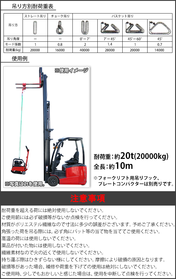 スリングベルト,ベルトスリング,耐荷重約20t,約20000kg,全長約10m