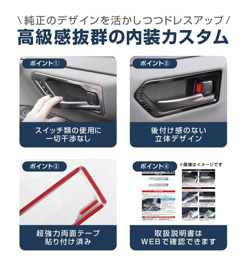 新型RAV4 60系 インナードアハンドルパネル 左右セット 4P 選べる2カラー サテンシルバー ブラックヘアライン
