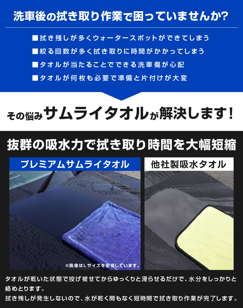 超吸水 プレミアムサムライタオル 両面吸水タイプ 大判 Lサイズ 40cm×80cm Sサイズ 30cm×30cm 洗車拭き上げ専用 吸水タオル2枚セット  洗車 タオル マイクロファイバー クロス | サムライプロデュース 侍プロデュース