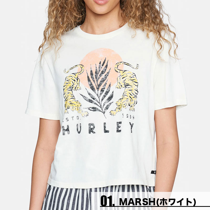 ハーレー レディース Tシャツ Womens Le Tigre Cropped Crew Tee ロゴ ティーシャツ 半袖 グラフィック 虎 ホワイト Xs S 人気ブランド Hurley 3hs