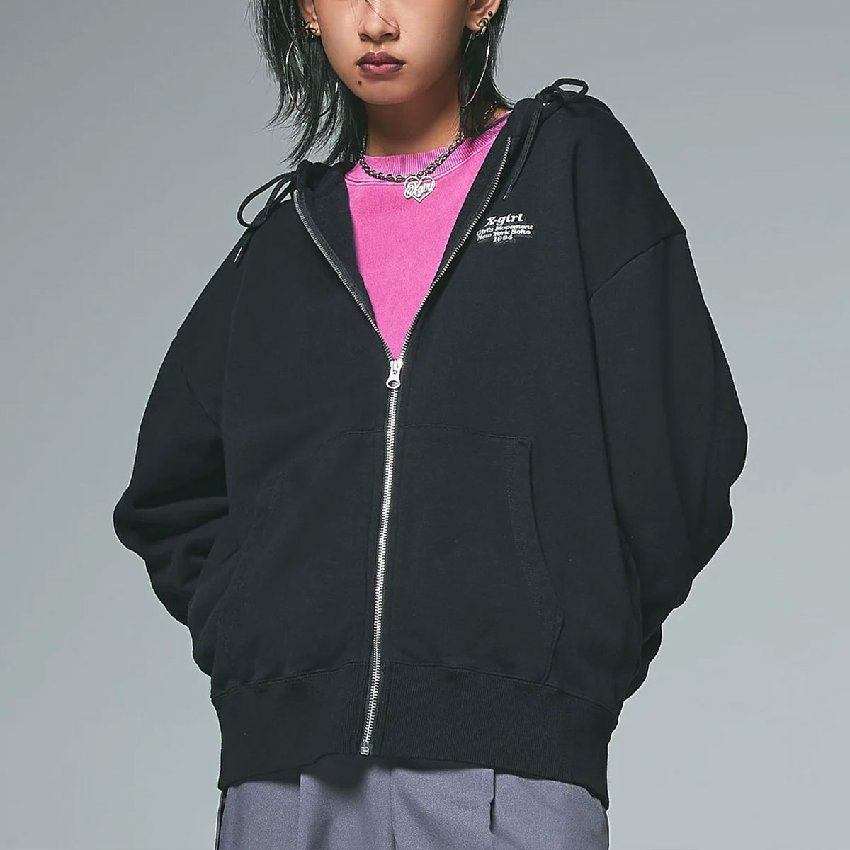 X-girl MESSAGE AND FACE ZIP UP SWEAT HOODIE レディース ジップ