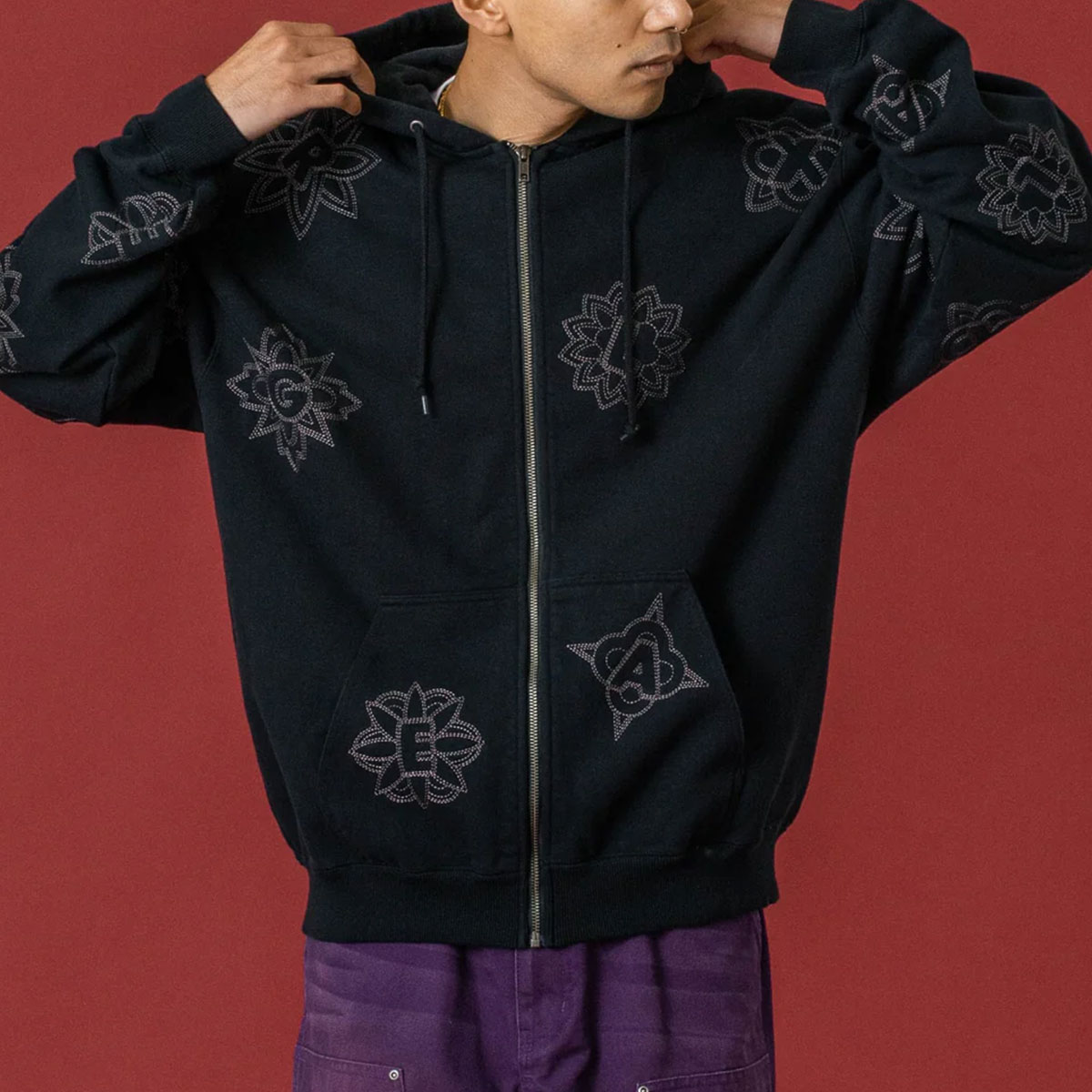 エクストララージ メンズ ジップパーカー スウェット 刺繍 ブラック L