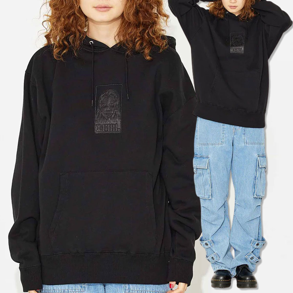 エックスガール スウェット パーカー 裏毛 フェイスロゴ 刺繍 SATIN PATCH SWEAT HOODIE ブラック S M 人気ブランド  X-GIRL 通販 2023 新作【105223012004】 スウェット＆パーカー-ジャックオーシャンスポーツ