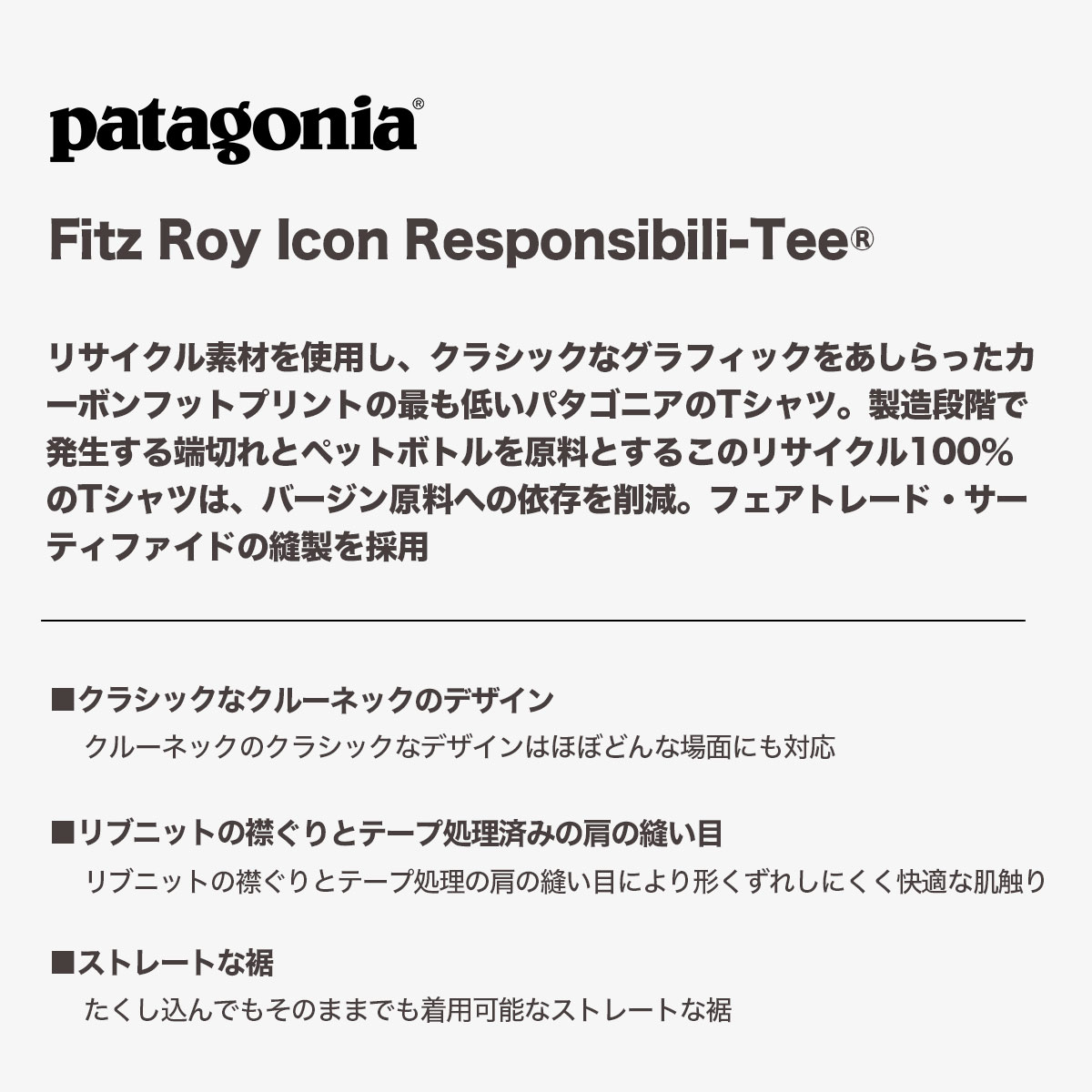 Patagonia パタゴニア Tシャツ メンズ レディース 半袖 ロゴ シンプル 無地 フィッツロイ・アイコン・リスポンシビリティー M L 全2色  海 山 ビーチ 街 アウトドア 旅行 人気ブランド 通販 2023 新作【37665】-ジャックオーシャンスポーツ