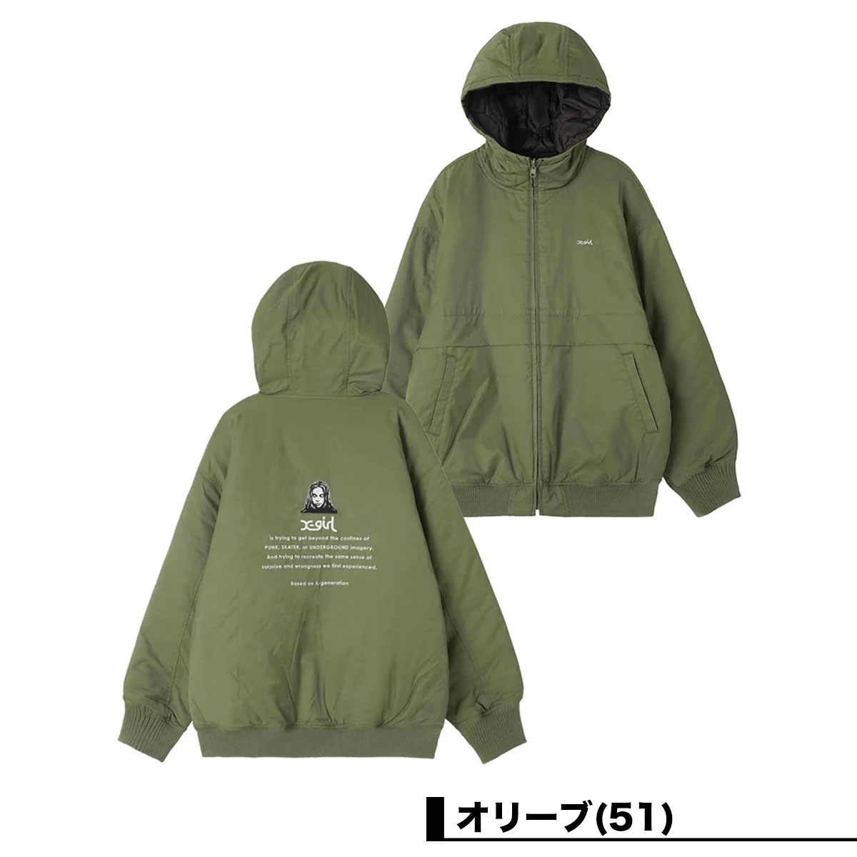 エックスガール ジャケット アウター リバーシブル レディース 中綿 ドロップショルダー REVERSIBLE QUILTED JACKET ブラック  オリーブ M 人気ブランド X-GIRL 通販 2023 新作【105233021007】-ジャックオーシャンスポーツ