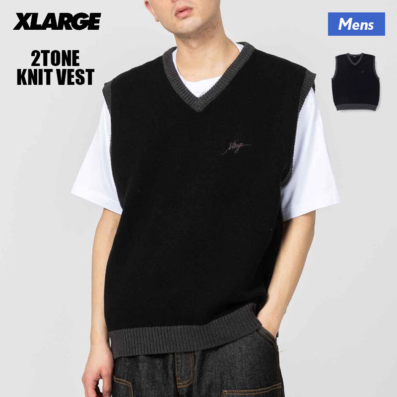 Xlarge メンズ ニットベスト 2tone Knit Vest シンプル ロゴ 刺繍 リブ編み ブラック L 通勤 通学 人気 ブランド 秋冬春 エクストララージ