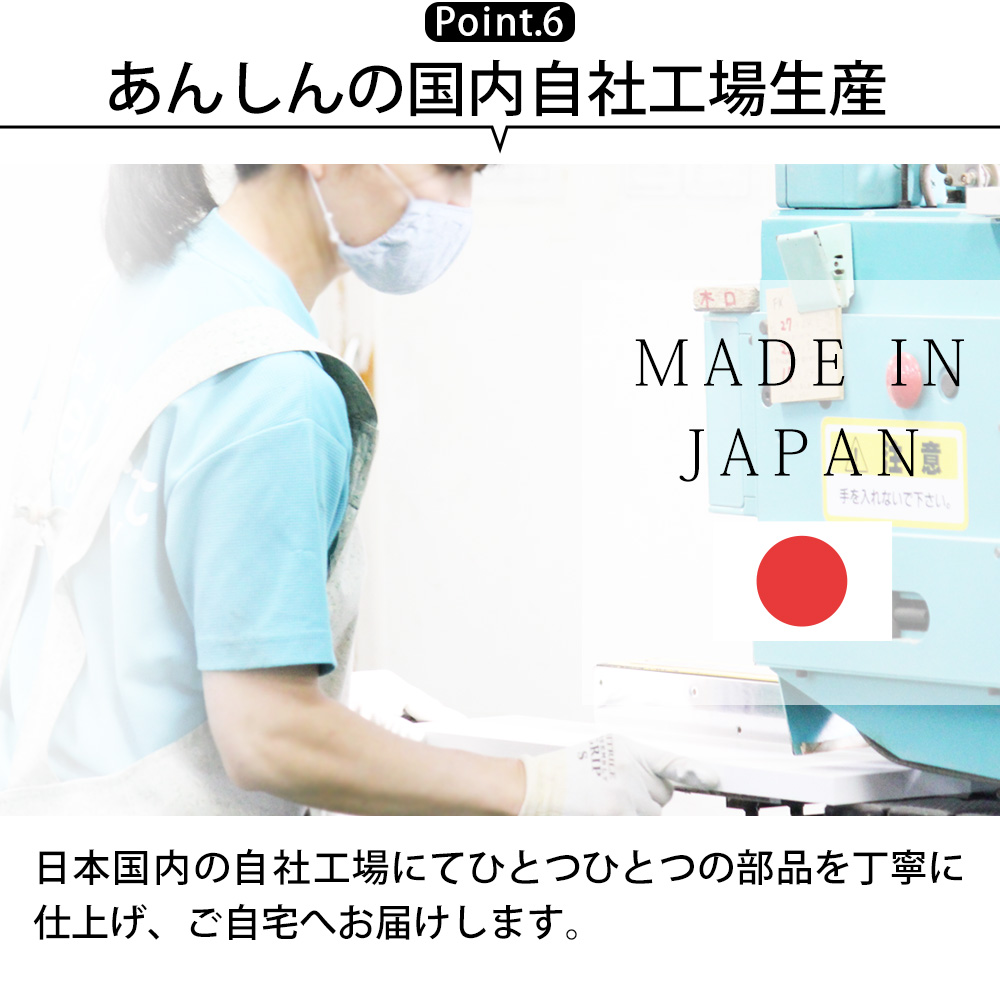 ポイント6：あんしんの国内自社工場生産。日本国内の自社工場にてひとつひとつの部品を丁寧に仕上げ、ご自宅へお届けします。
