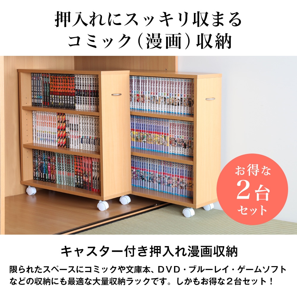 押入れ漫画収納庫 キャスター付コミックラック 押入れにコミック 漫画 がスッキリ収まるキャスター付き押入れ漫画収納2台セット