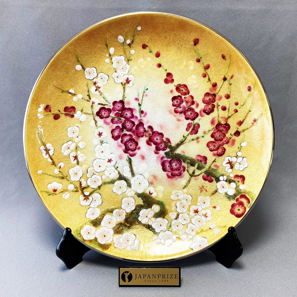 七宝焼き飾皿L字型プレート彫刻