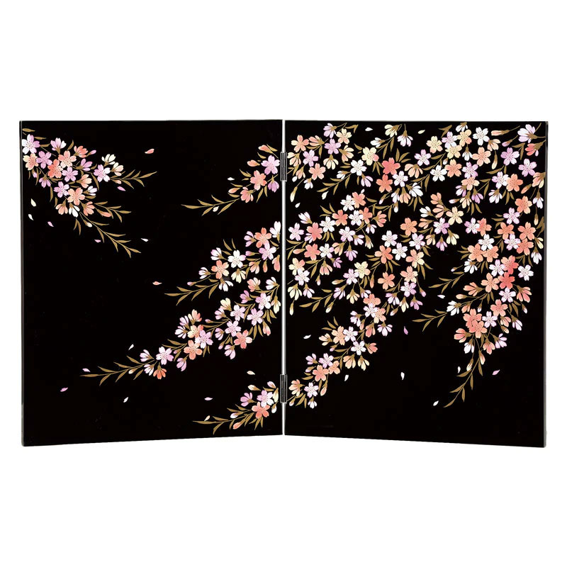 会津漆器　二曲屏風（大）桜花　黒