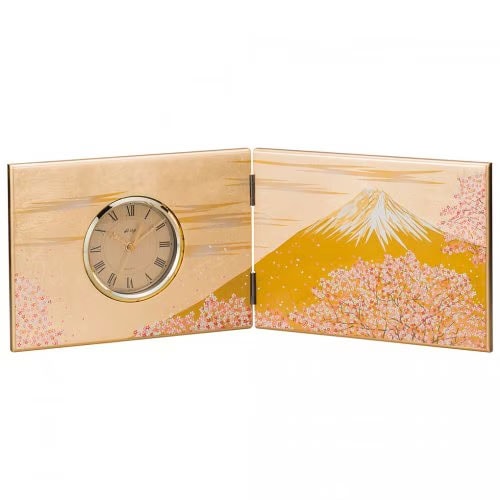 山中漆器　木製屏風時計　富士雅桜