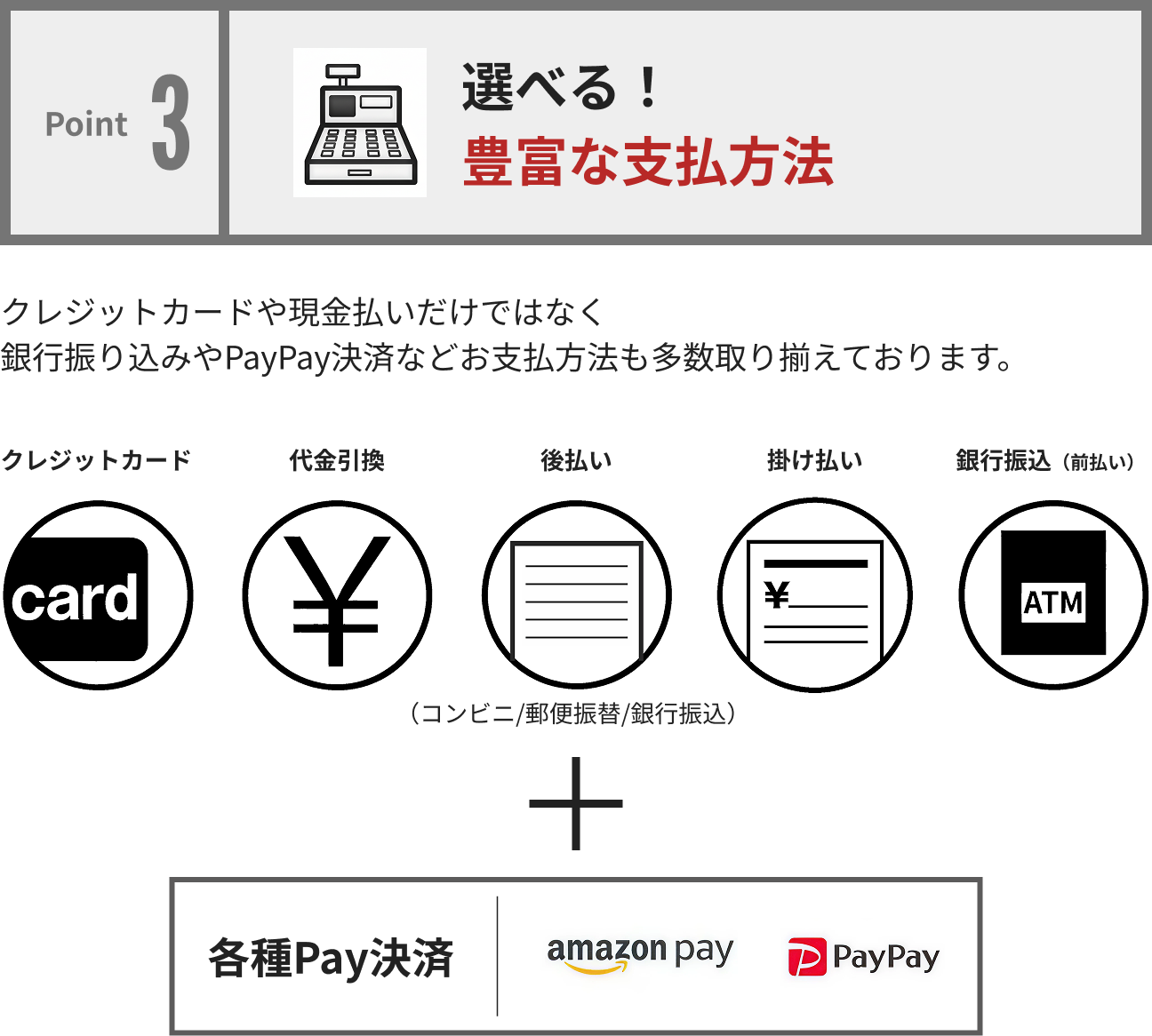 Point3 選べる！ 豊富な支払方法