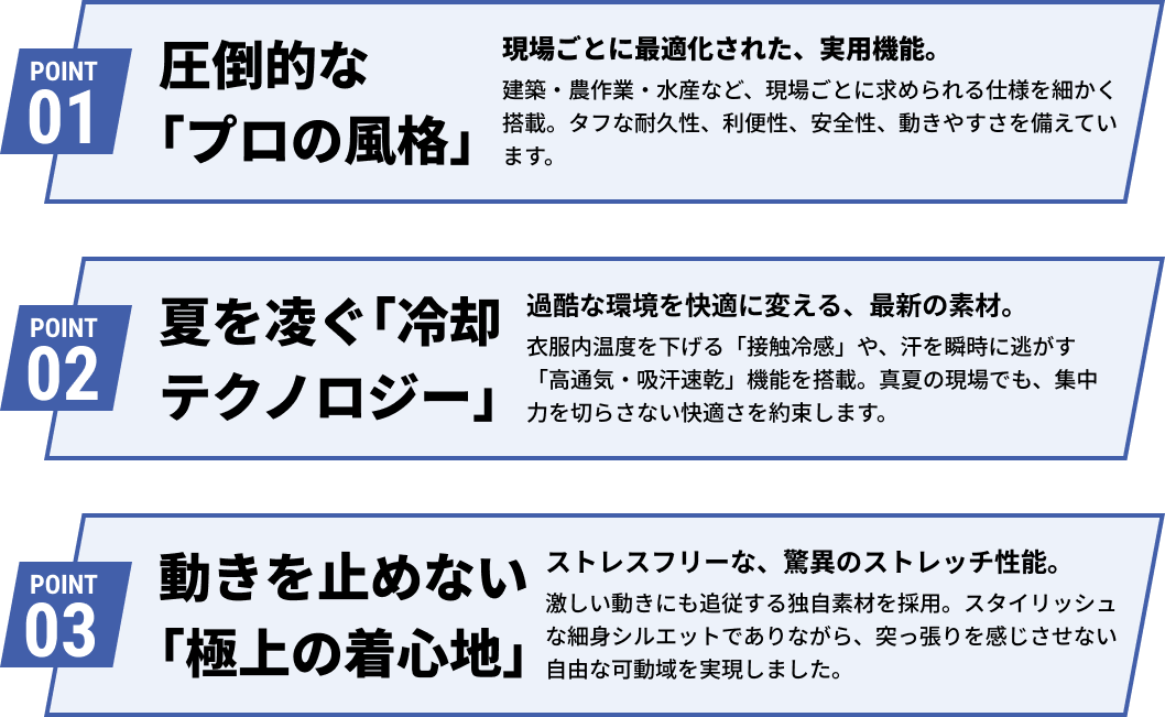 POINT01 圧倒的なプロの風格。POINT02 夏を凌ぐ冷却テクノロジー。POINT03 動きを止めない極上の着心地。