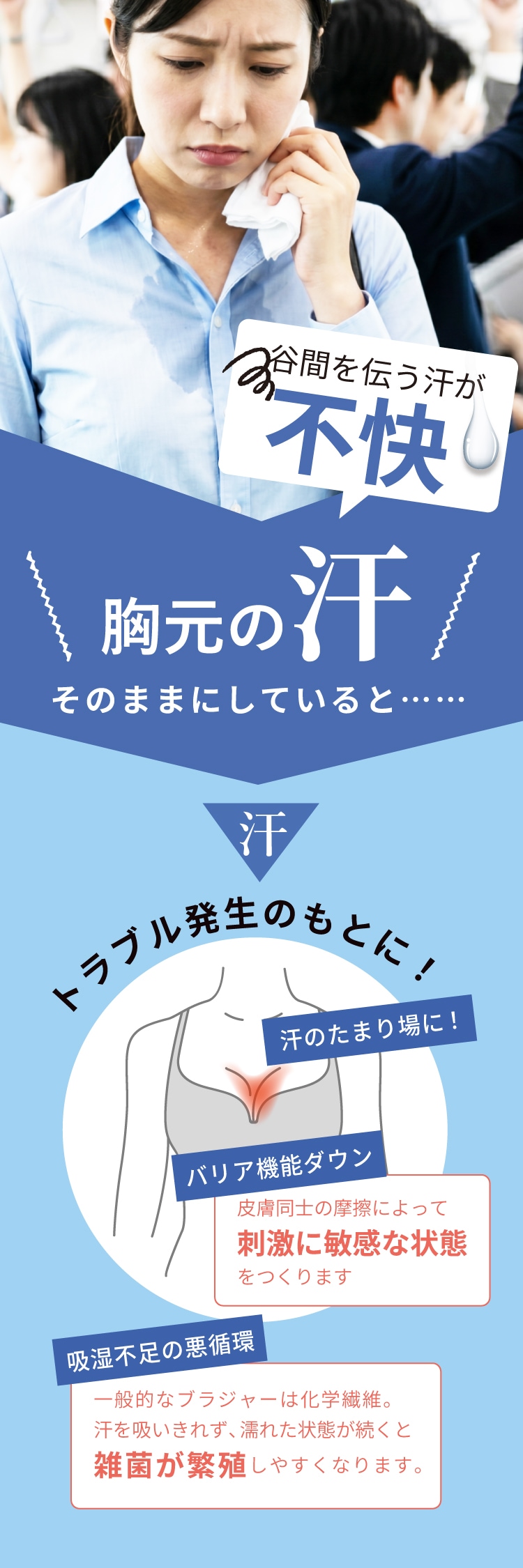 谷間を伝う汗が不快