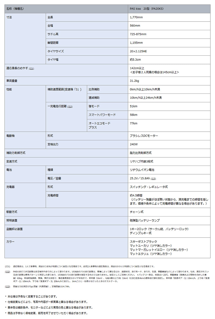 YAMAHA ヤマハ 電動自転車 PAS Kiss 2026年モデル 20インチ PA20KS
