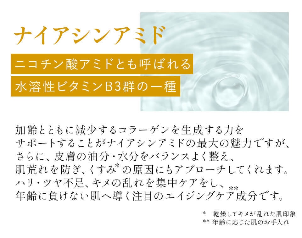 加齢とともに減少するコラーゲンを生成するナイアシンアミドを配合してエイジングケアクリーム