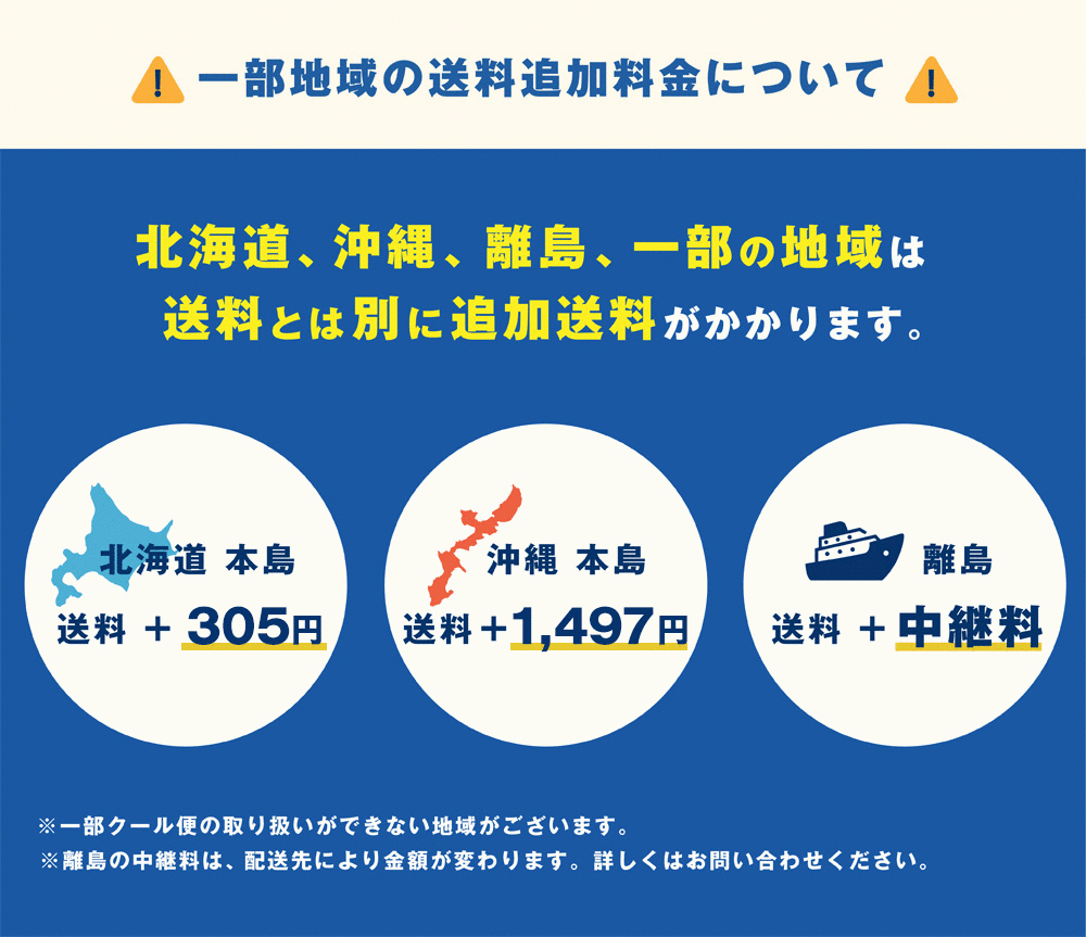 一部地域の送料追加料金について 北海道、沖縄、離島、一部の地域は送料とは別に追加料金がかかります