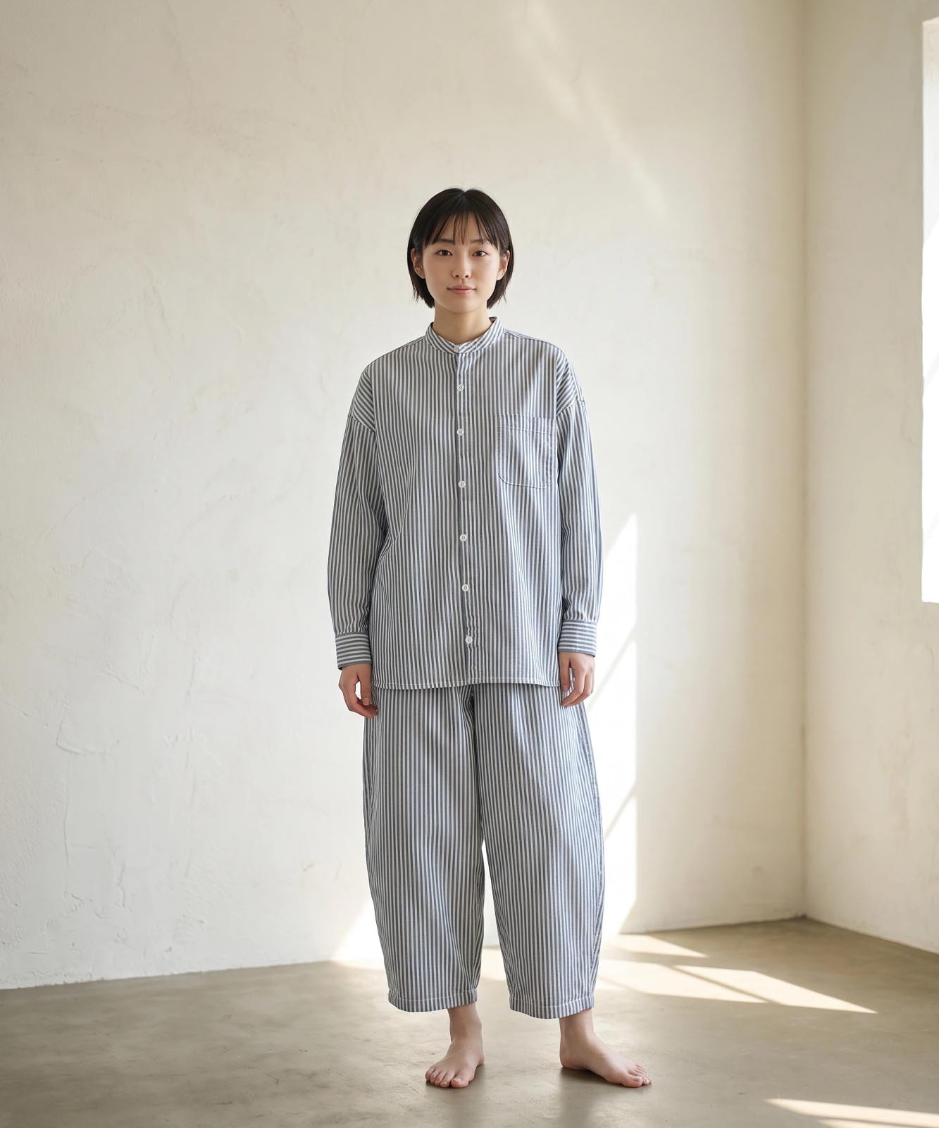 Big Silhouette No Collar Hickory Shirt / ヒッコリー ビッグシルエット ノーカラーシャツ
