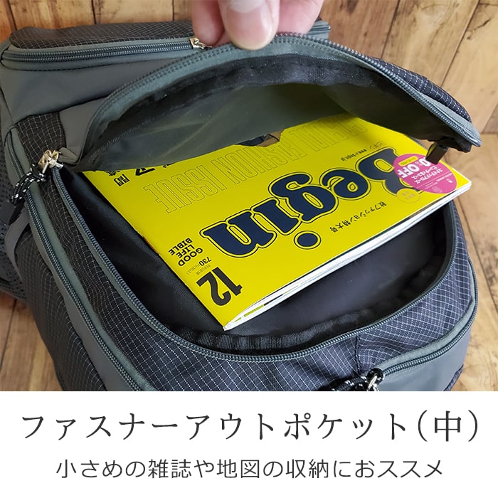 小さめの雑誌も収納可能なファスナーアウトポケット