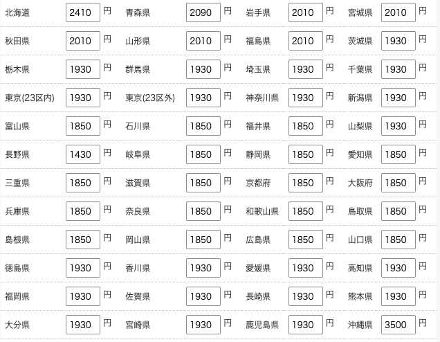 配送料一覧