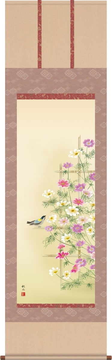 掛軸 掛け軸 秋桜 コスモス 浮田秋水 秋 尺五 花鳥画 桐箱、 風鎮付き
