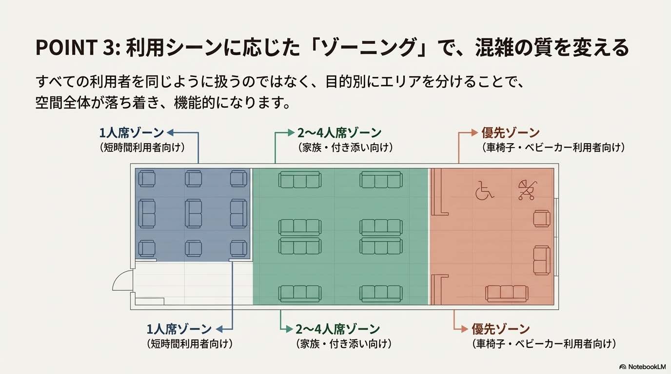 1人席と家族席を分けたゾーニング例