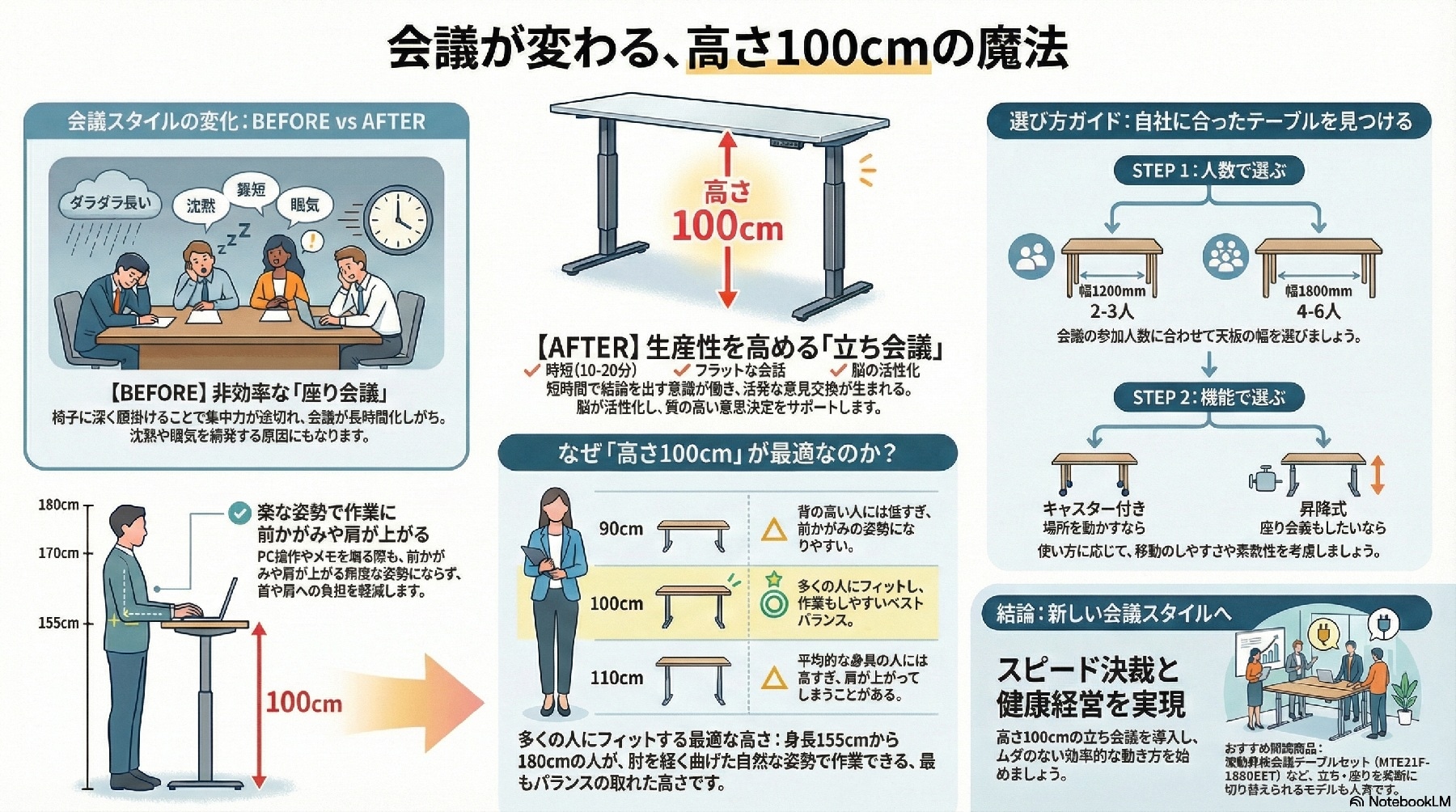 会議が変わる高さ100cm会議用テーブル 非効率な座り会議から生産性の高い立ち会議へのビフォーアフター解説
