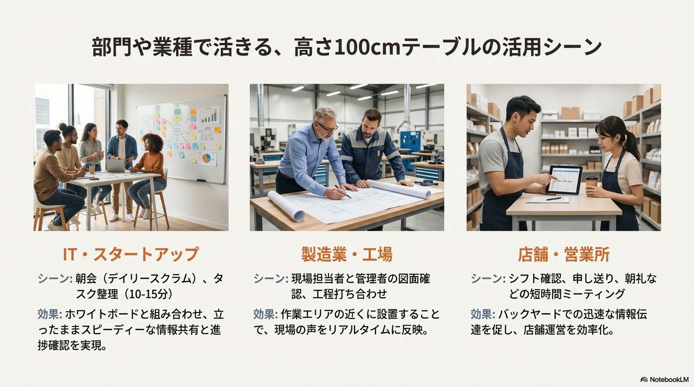 会議の生産性を最大化する立ち会議という選択肢 高さ100cmの会議テーブルがもたらす効果解説バナー