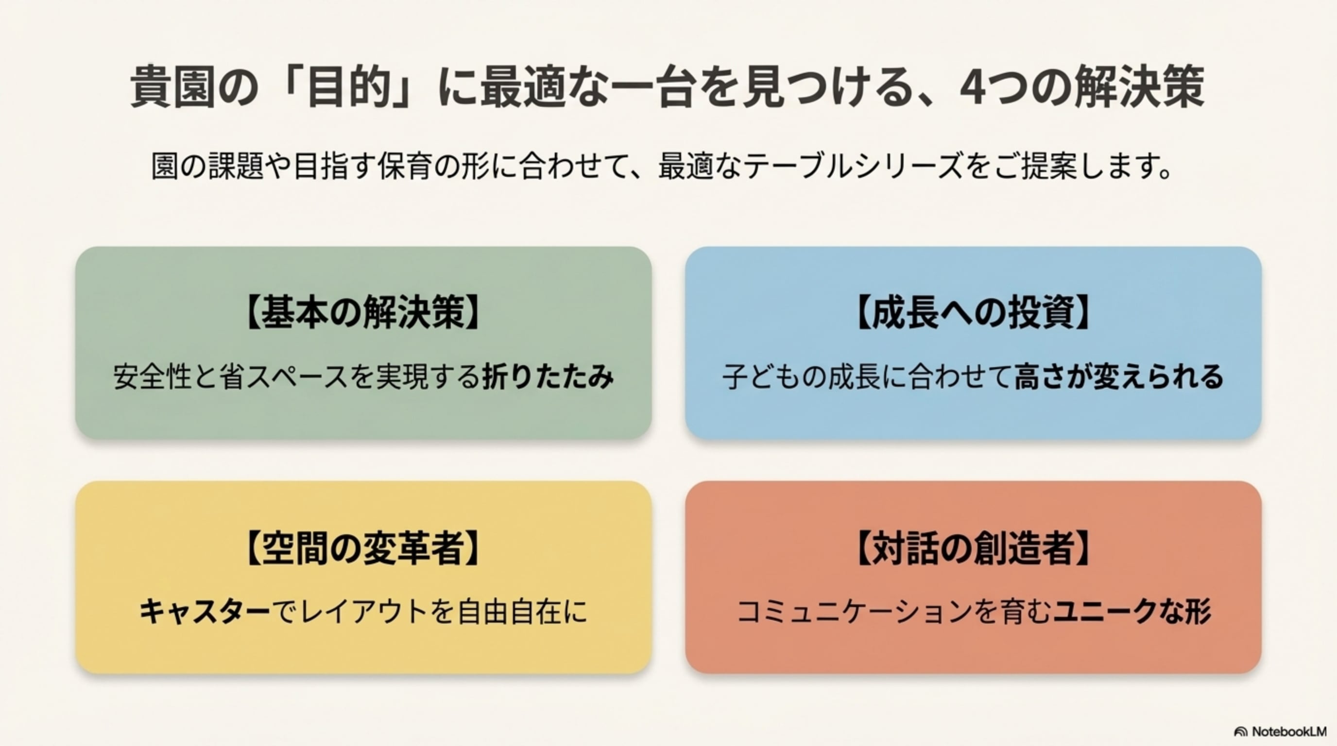 目的別に最適な保育園テーブル 4つの解決策