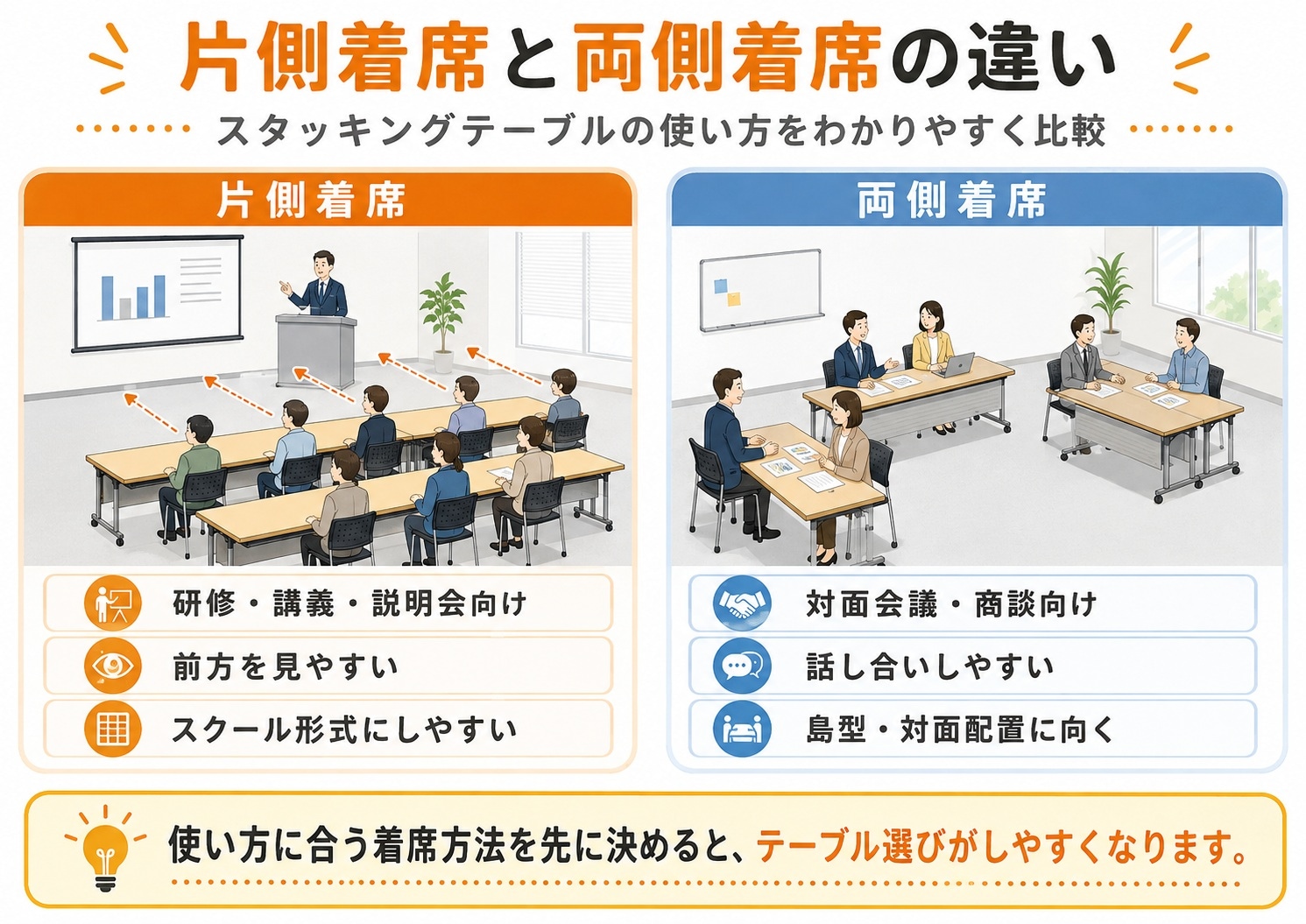 スタッキングテーブルの片側着席と両側着席の違いを比較した図解