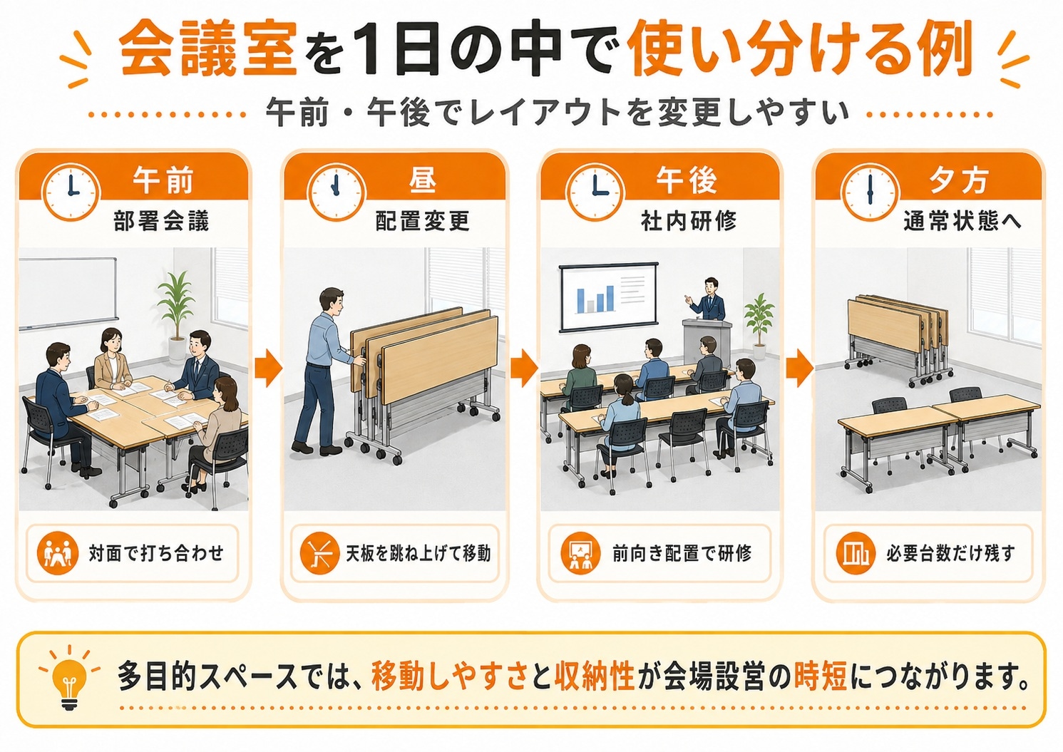 スタッキングテーブルで会議室を午前から夕方まで使い分ける例