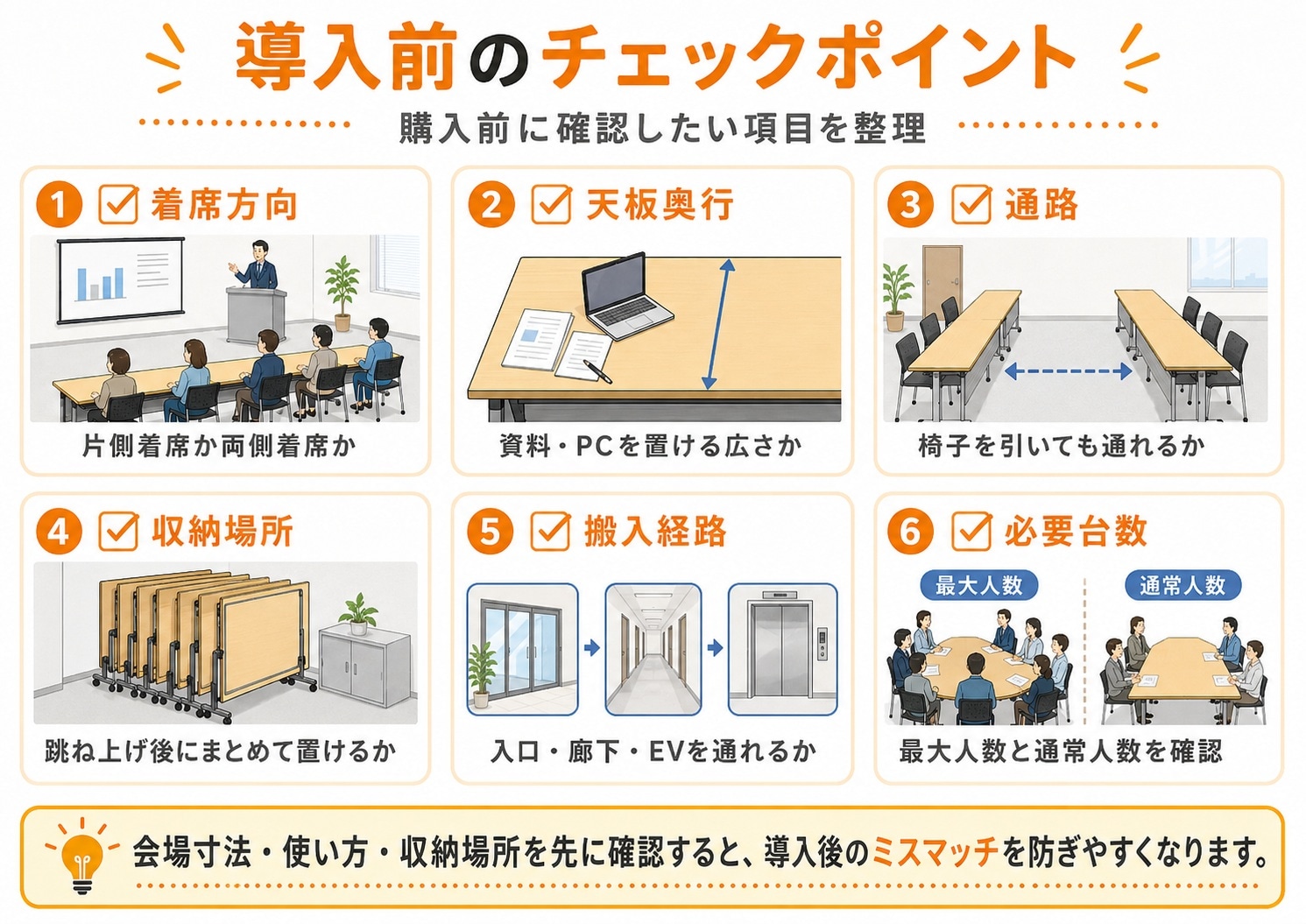 スタッキングテーブル導入前の着席方向・奥行・通路・収納場所・搬入経路・台数のチェックポイント