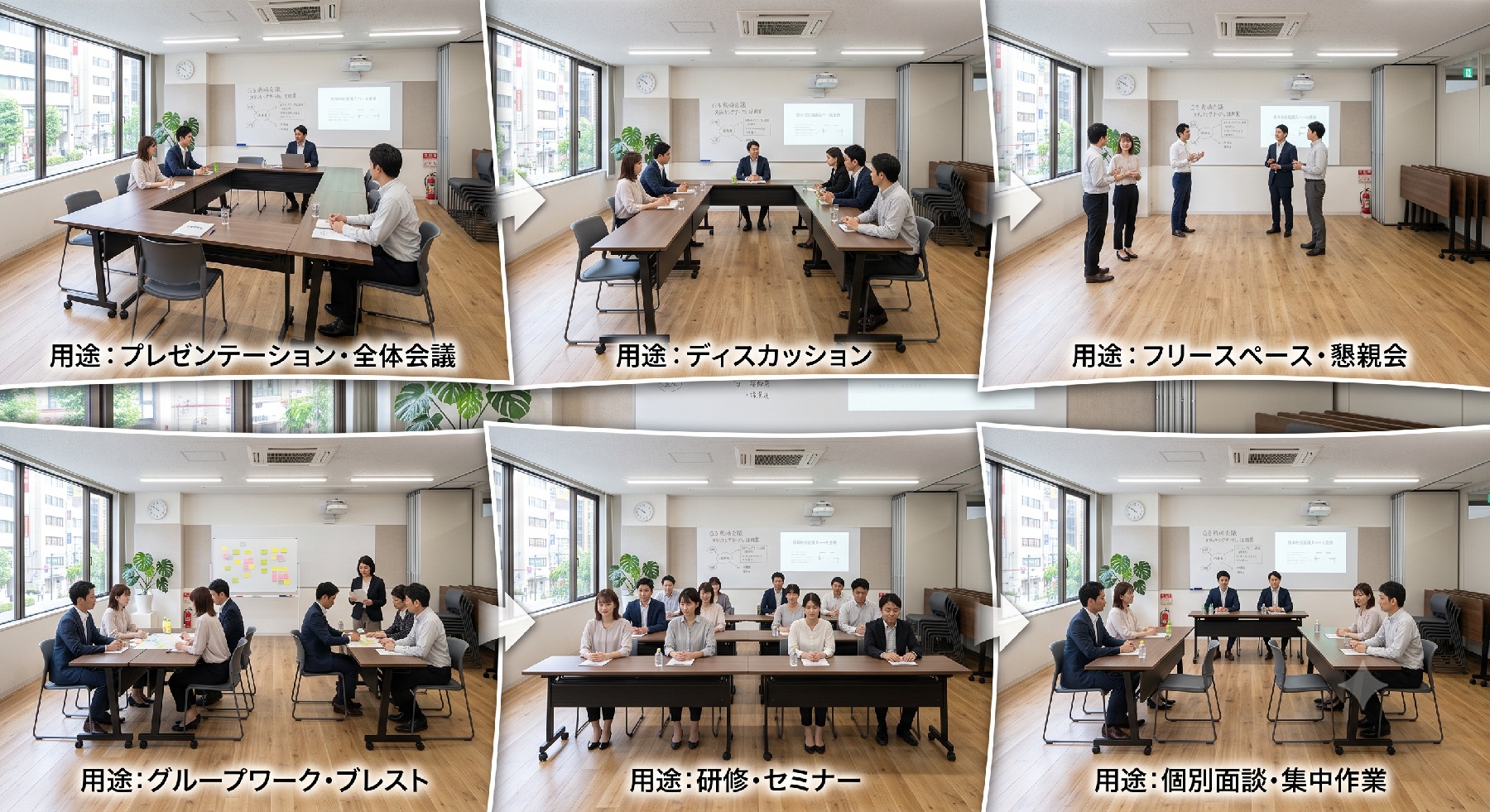 スタッキングテーブルの片側着席と両側着席の選び方を紹介するブログバナー