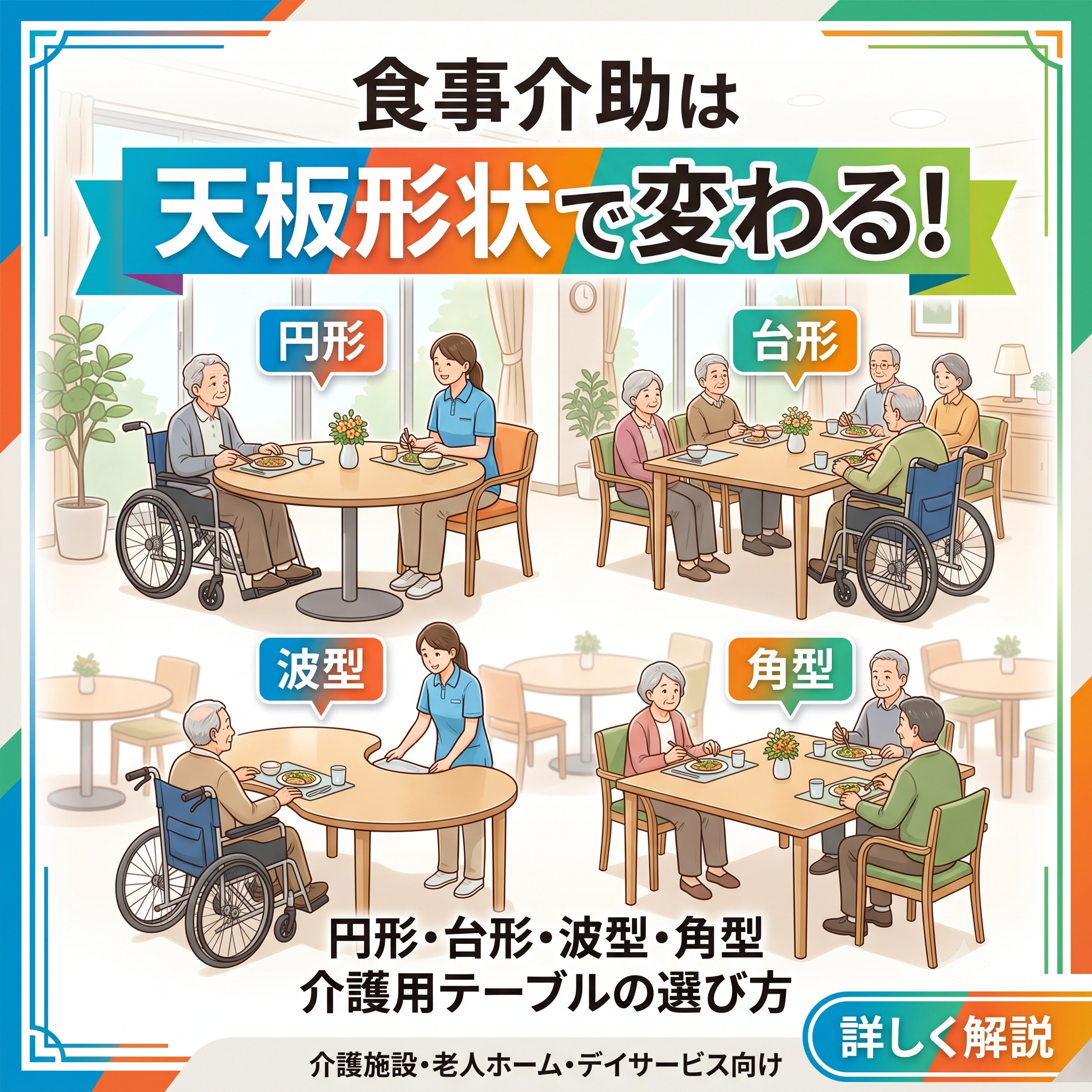 介護施設の食事介助に使う円形・台形・波型・角型の介護用テーブルの選び方