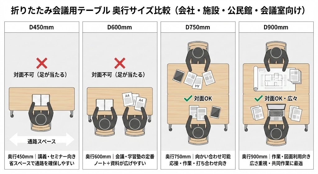 介護施設向け 折りたたみテーブル 奥行サイズ比較図：通路確保重視（450mm/600mm）と対面レク・集団活動向き（750mm/900mm）の違い