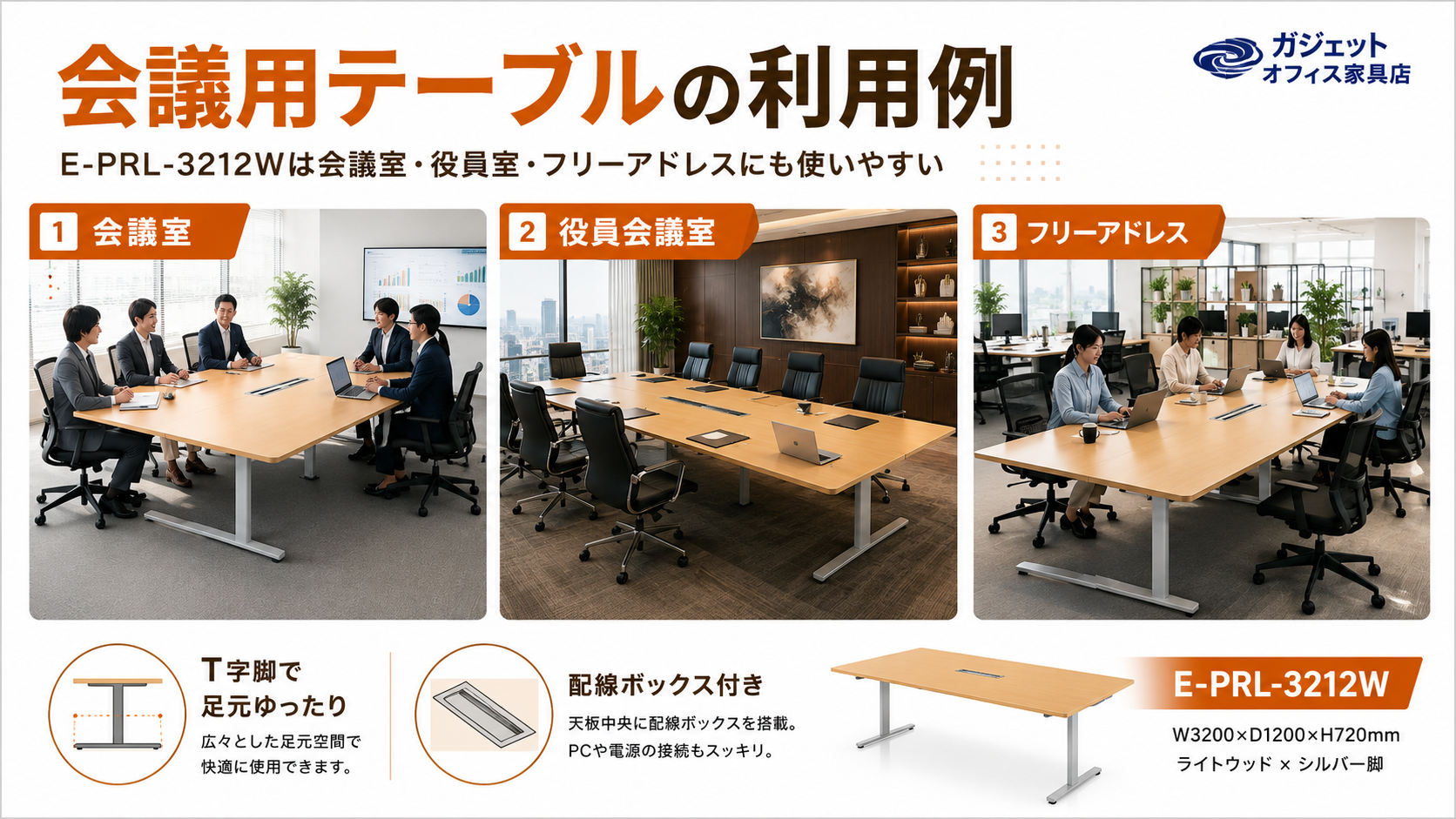 会議用テーブル E-PRL-3212Wの利用例 会議室 役員会議室 フリーアドレスで使いやすいT字脚配線ボックス付き大型ミーティングテーブル