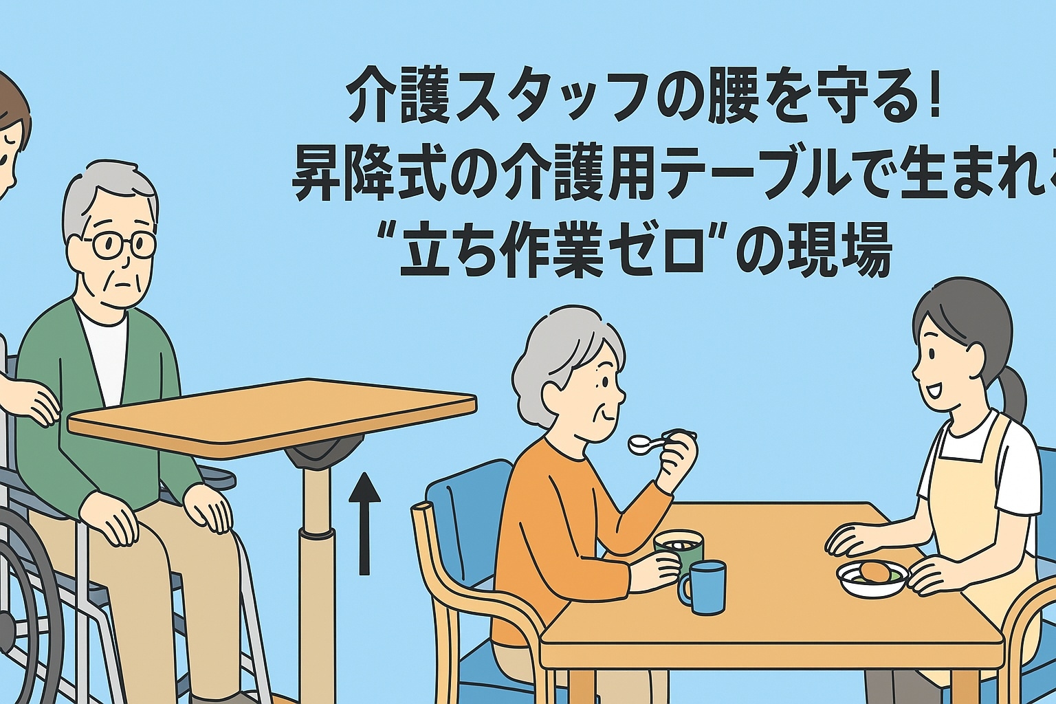 介護スタッフの腰を守る 昇降式の介護用テーブル特集｜立ち作業ゼロで負担軽減・介護施設向け