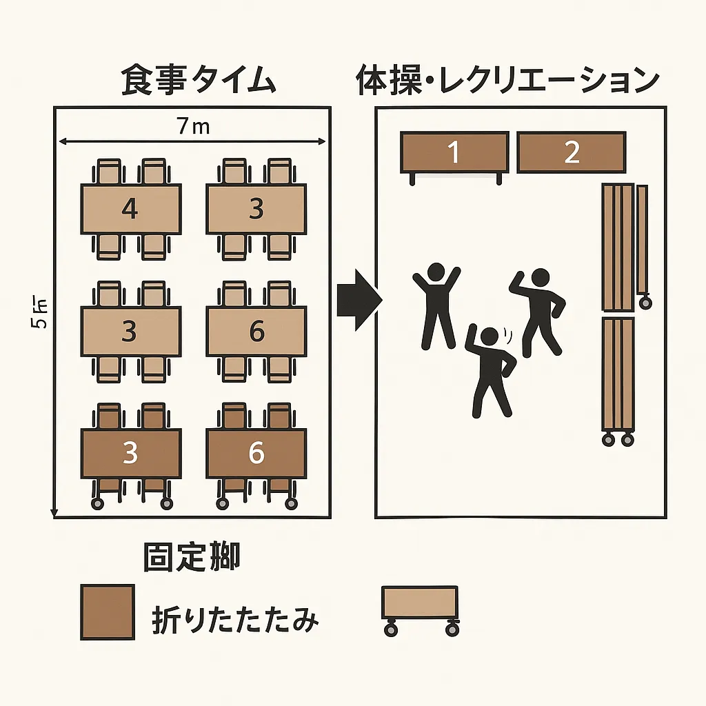 介護用テーブルの固定脚と折りたたみ・キャスター付きのレイアウト