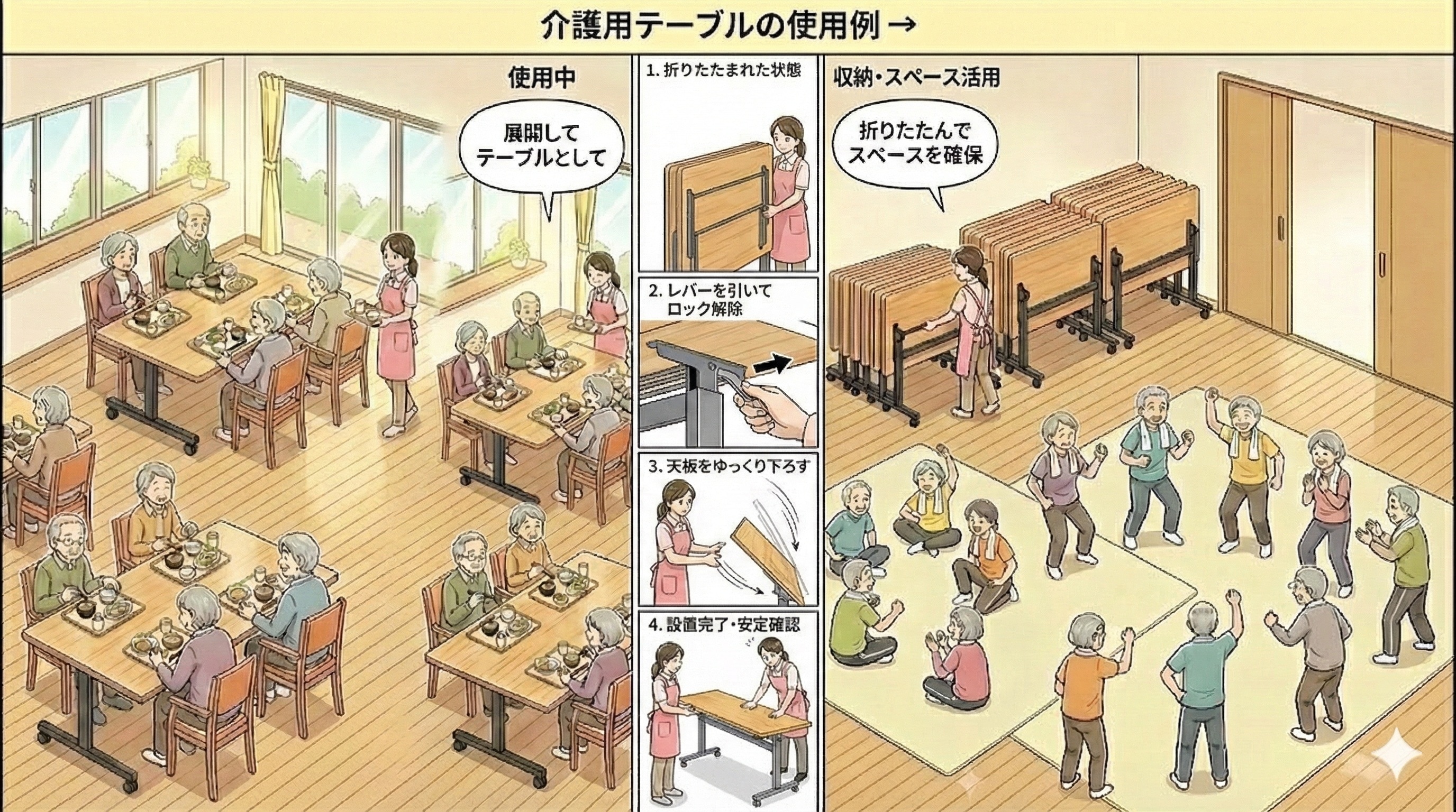 介護施設やデイサービスでのテーブル活用イラスト｜食事からレクリエーションへ折りたたみ機能で空間確保