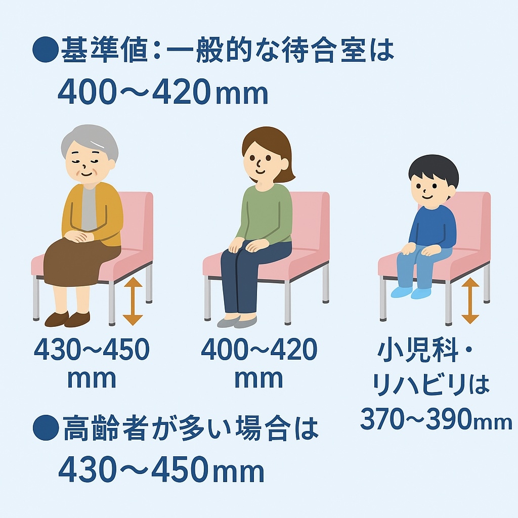 待合室ロビーチェア 高さの目安：一般400〜420mm／高齢者430〜450mm／小児科370〜390mm