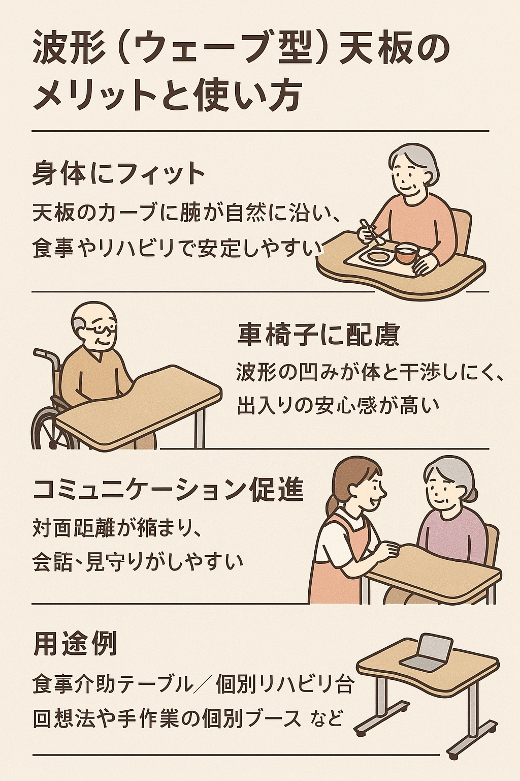 介護用テーブルの波型天板のメ特徴