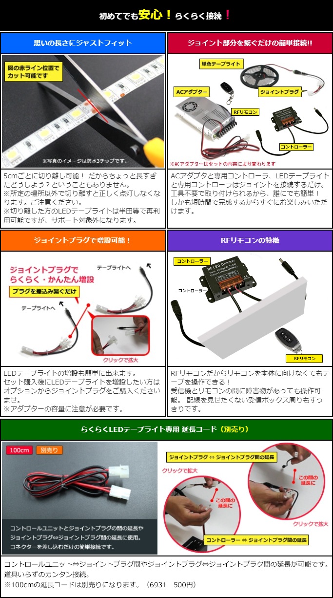 【らくらく150cm×1本セット】 防水3チップ LEDテープライト(RoHS対応) +調光器+対応アダプター付き-KAITO DIRECT SHOP