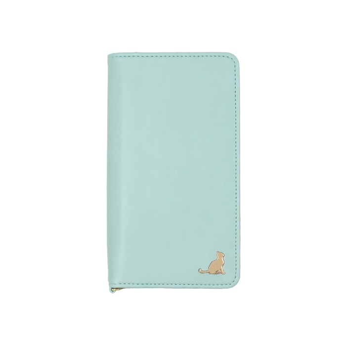 青色の猫デザインの手帳型スマホケース