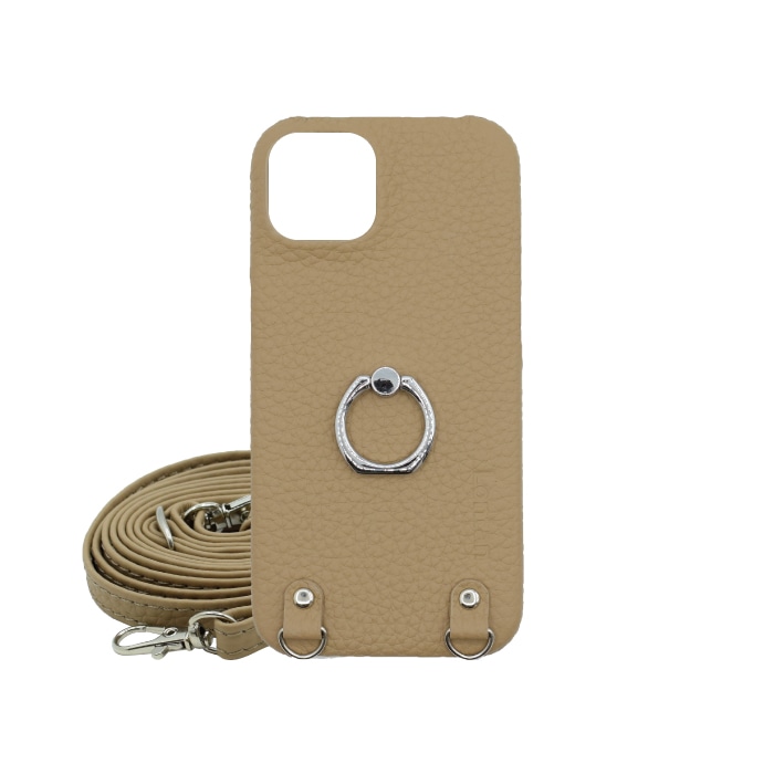 ベージュの本革のスマホショルダーケース