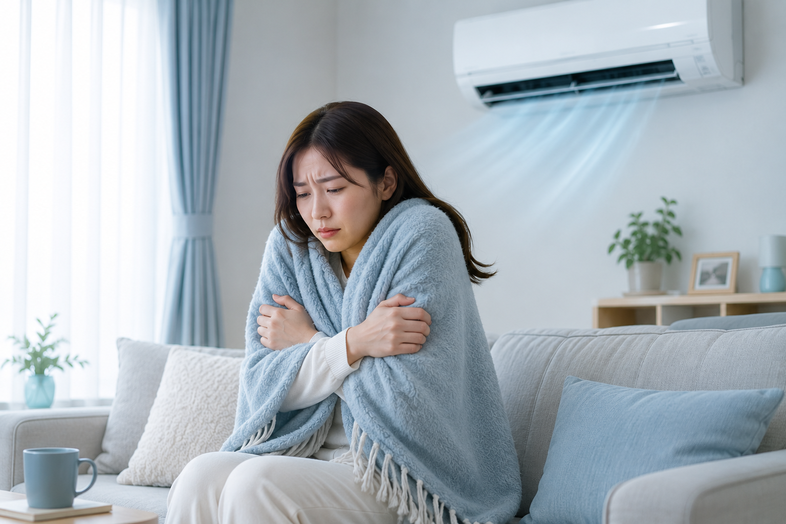 冷房の効いた室内で寒さを感じる女性