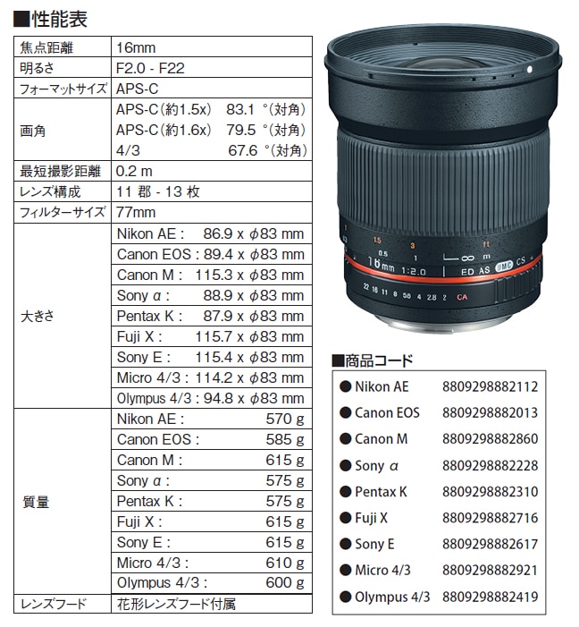  SAMYANG (サムヤン)16mm F2.0 ED AS UMC CSレンズ仕様