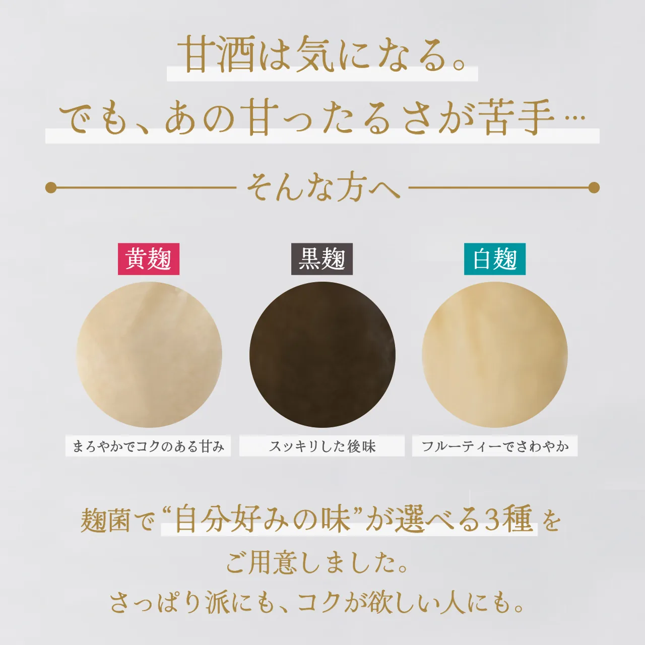 甘ったるさが苦手な方へ 麹菌で選べる3種の甘酒